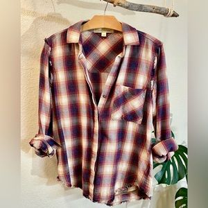 CLOTH & STONE Plaid Flannel Button Down w/ Fringe - SIZE XS